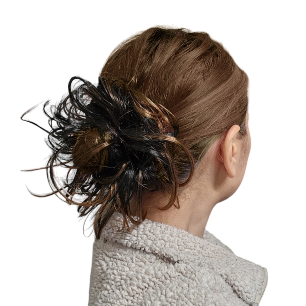 Bridal Prom Hair Scrunchie Bun - Wavy Messy Hairpiece Black with Highlights